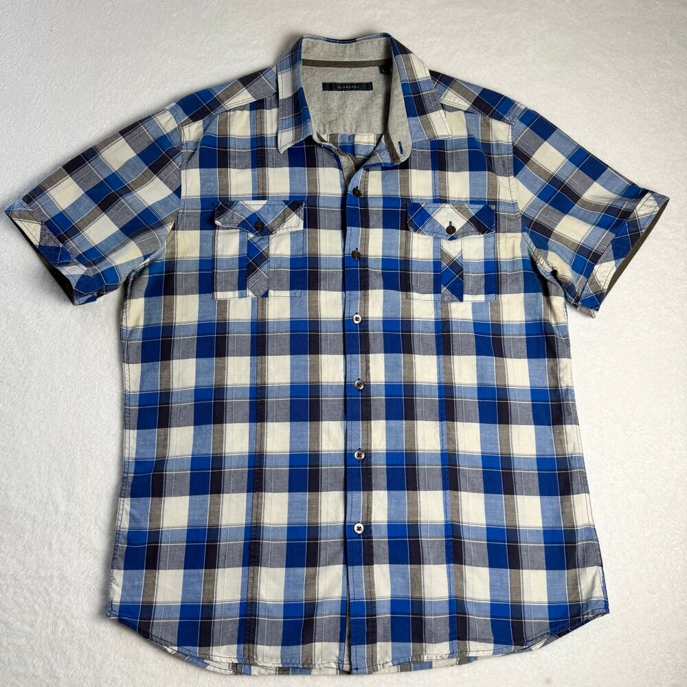 7 Diamonds Mens‎ L Blue Plaid Button Up Shirt Short Sleeve Cotton Western Casual
